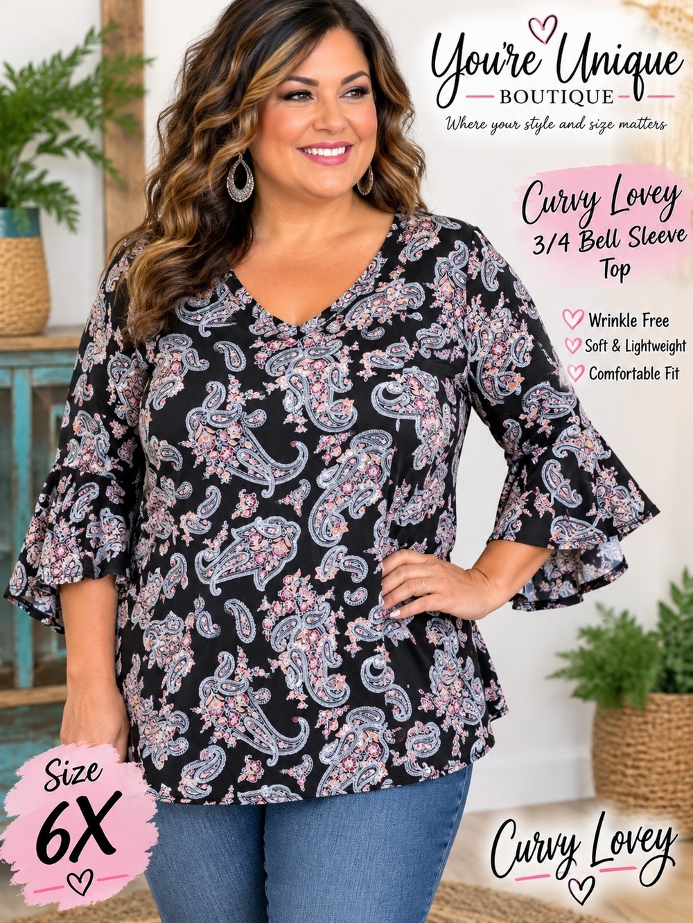 Curvy Lovey Black Paisley 3/4 Bell Sleeve Top - 6X
